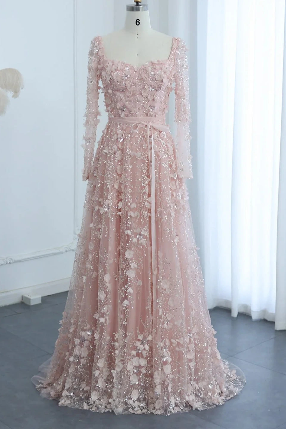 Luxury 3D Flower Gray A-line Long Sleeves Prom Dress KAIDRESS