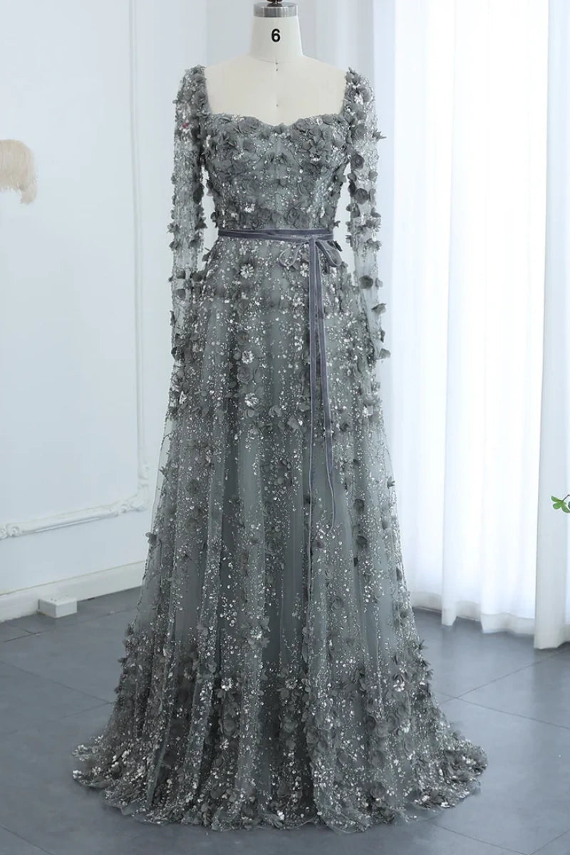 Luxury 3D Flower Gray A-line Long Sleeves Prom Dress KAIDRESS