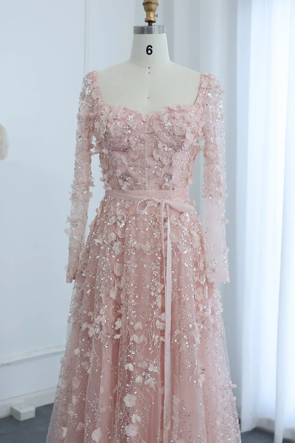 Luxury 3D Flower Gray A-line Long Sleeves Prom Dress KAIDRESS