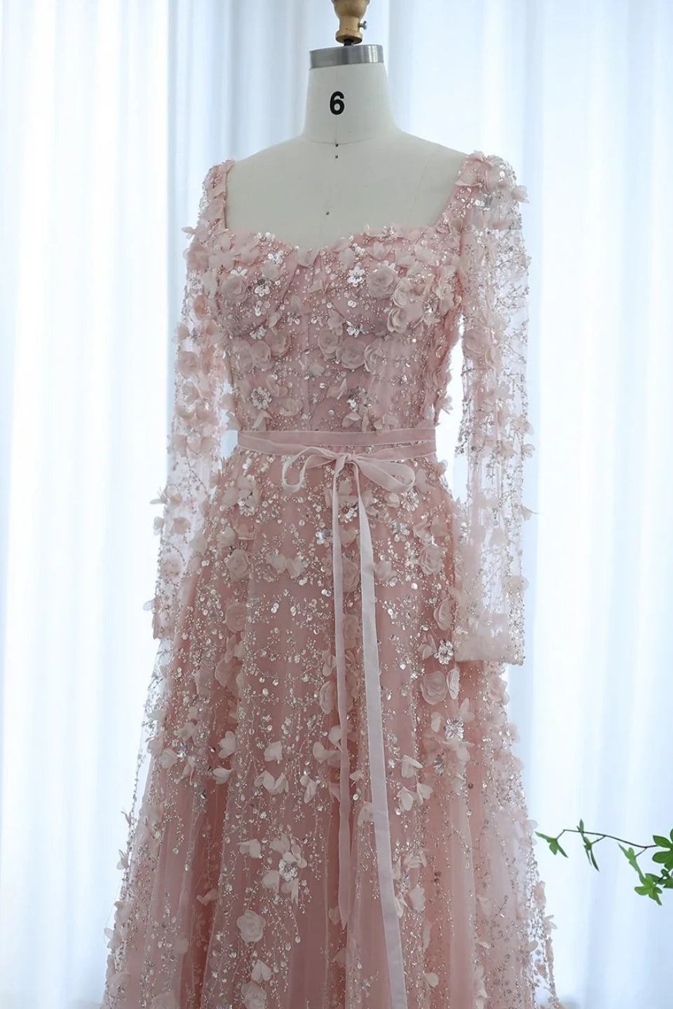 Luxury 3D Flower Gray A-line Long Sleeves Prom Dress KAIDRESS