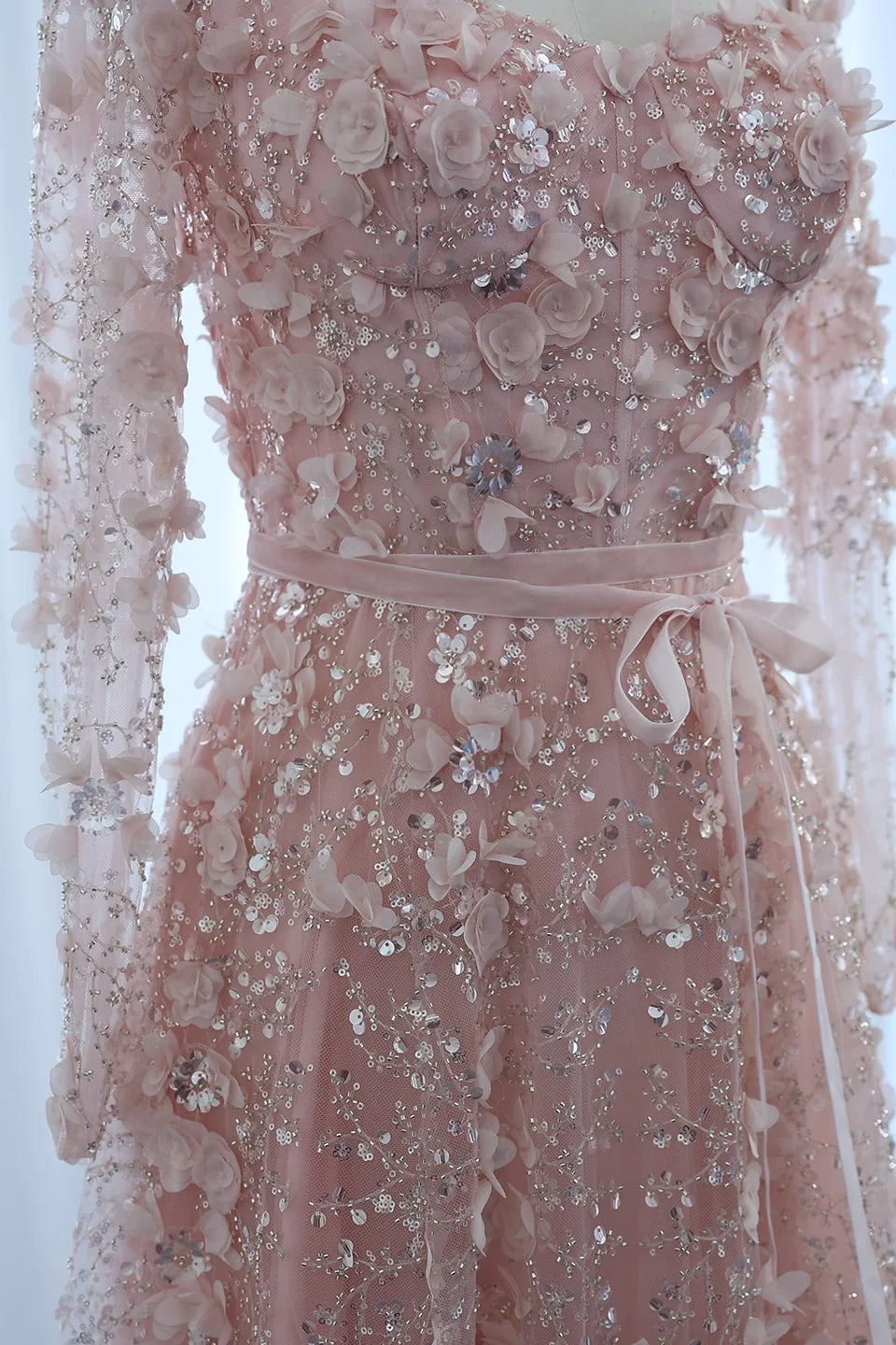 Luxury 3D Flower Gray A-line Long Sleeves Prom Dress KAIDRESS