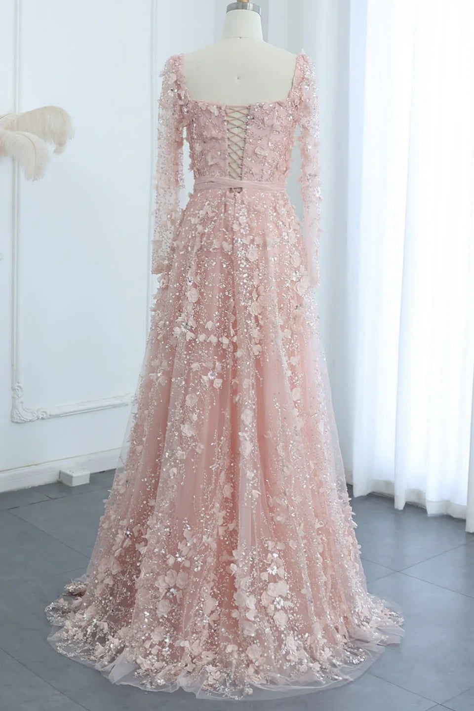 Luxury 3D Flower Gray A-line Long Sleeves Prom Dress KAIDRESS