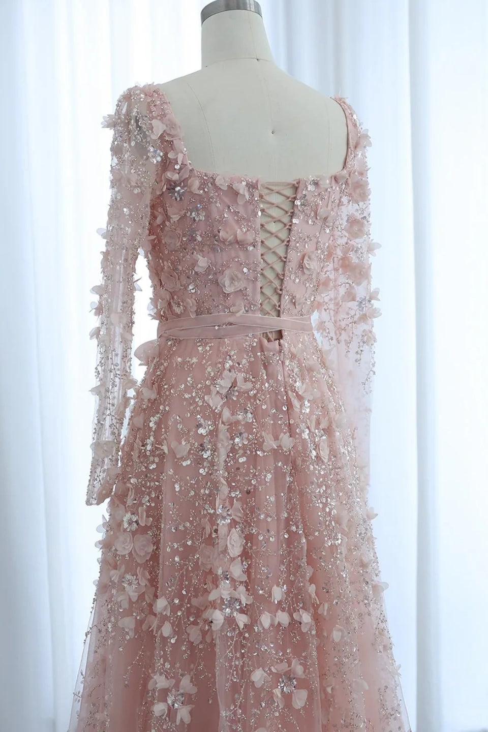 Luxury 3D Flower Gray A-line Long Sleeves Prom Dress KAIDRESS