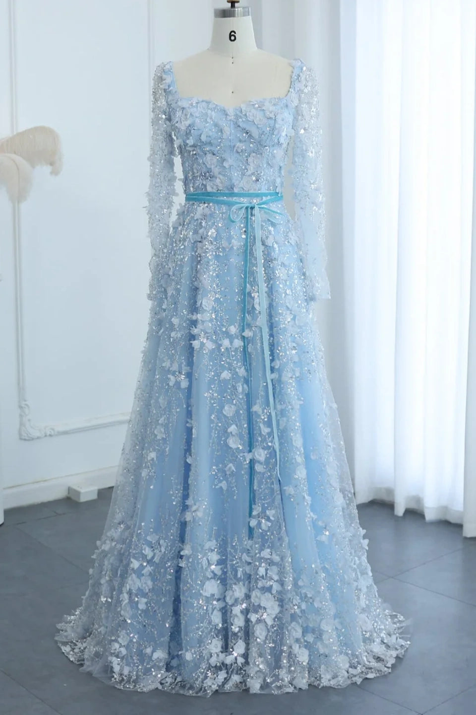 Luxury 3D Flower Gray A-line Long Sleeves Prom Dress KAIDRESS