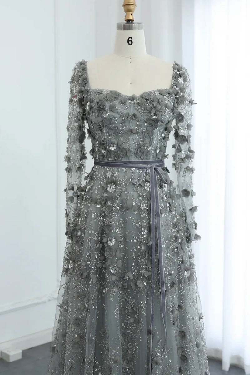 Luxury 3D Flower Gray A-line Long Sleeves Prom Dress KAIDRESS