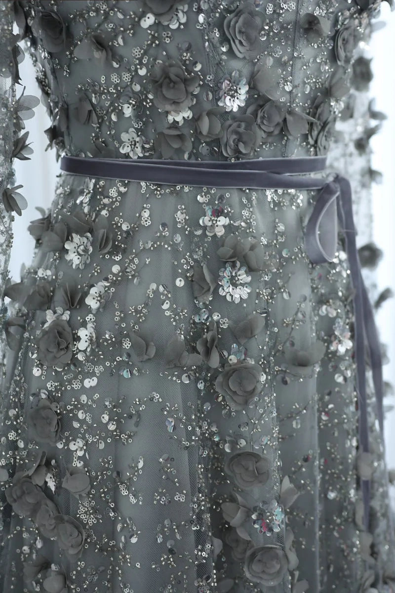 Luxury 3D Flower Gray A-line Long Sleeves Prom Dress KAIDRESS