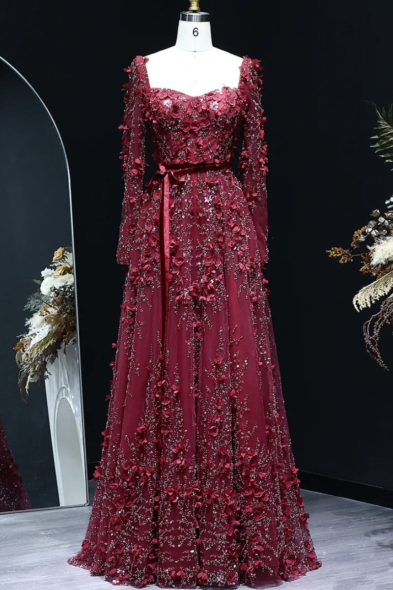 Luxury 3D Flower Gray A-line Long Sleeves Prom Dress KAIDRESS