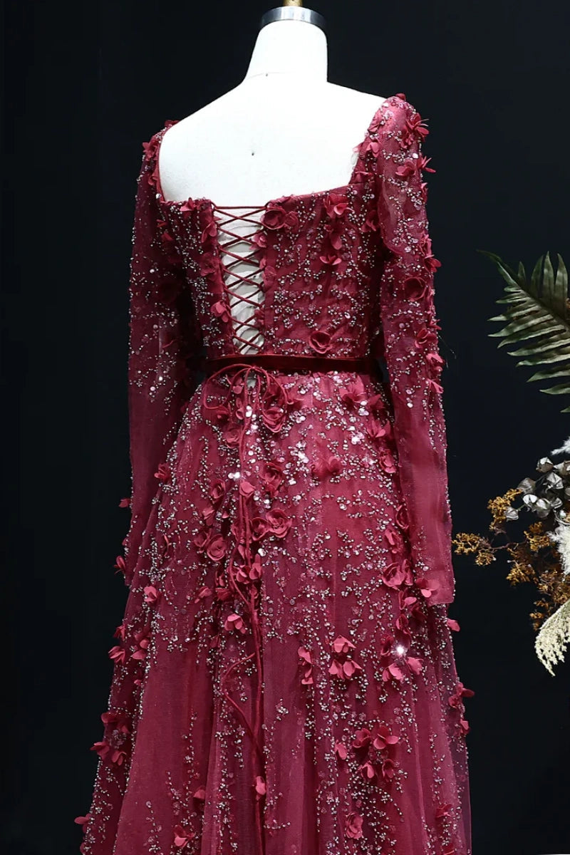 Luxury 3D Flower Gray A-line Long Sleeves Prom Dress KAIDRESS