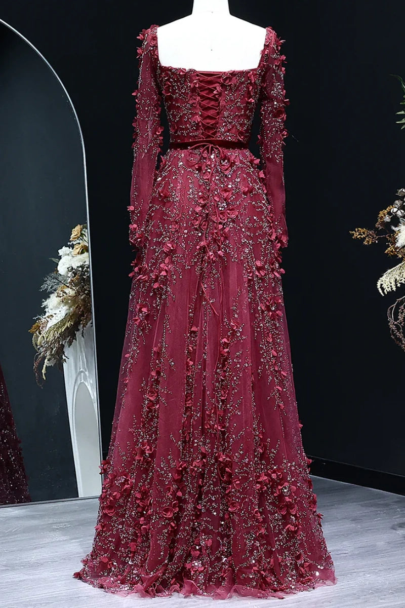 Luxury 3D Flower Gray A-line Long Sleeves Prom Dress KAIDRESS