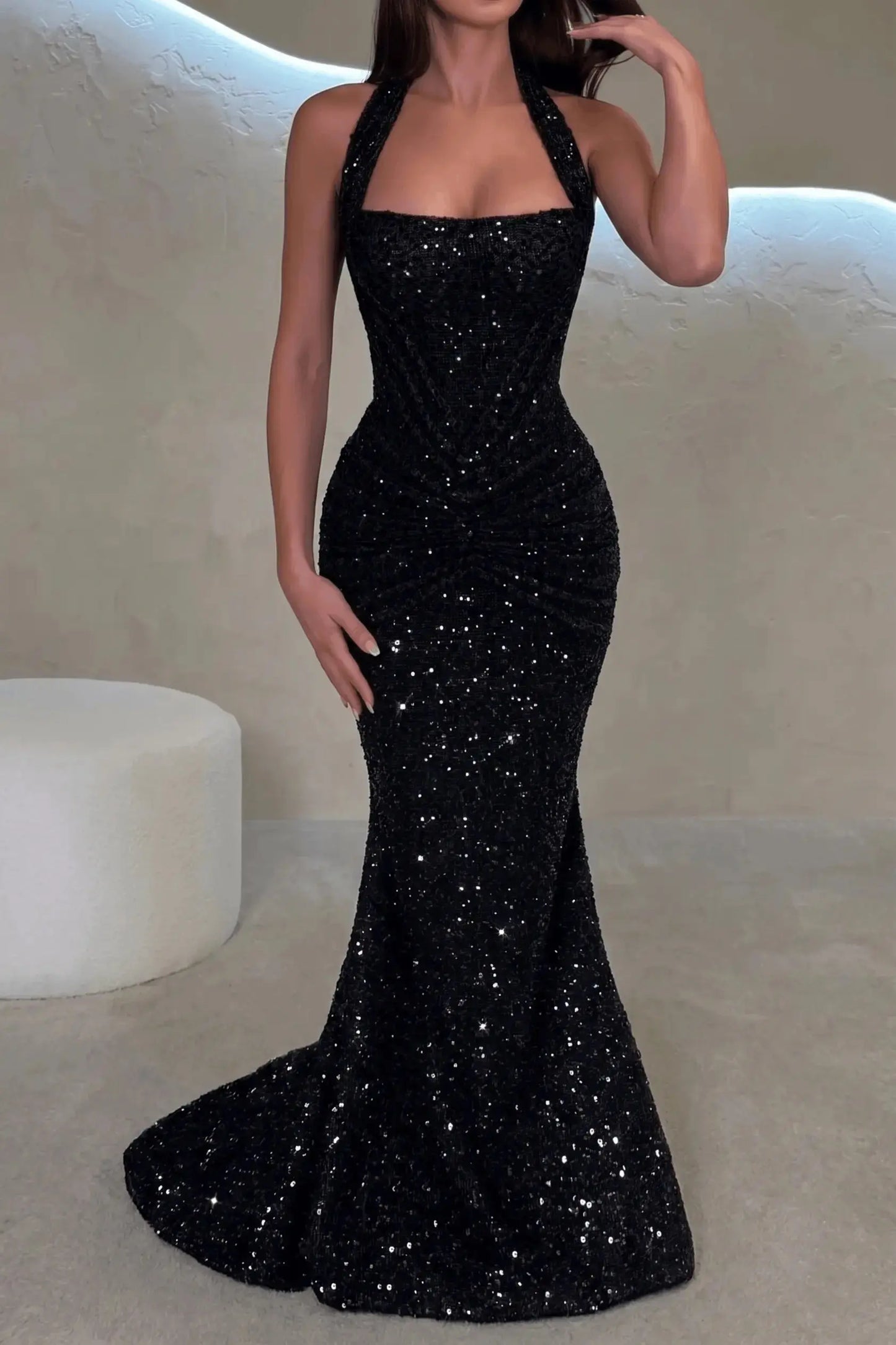 Luxury Mermaid Straps Pleated Sweep Train Corset  Sparkly Prom Dress KAIDRESS
