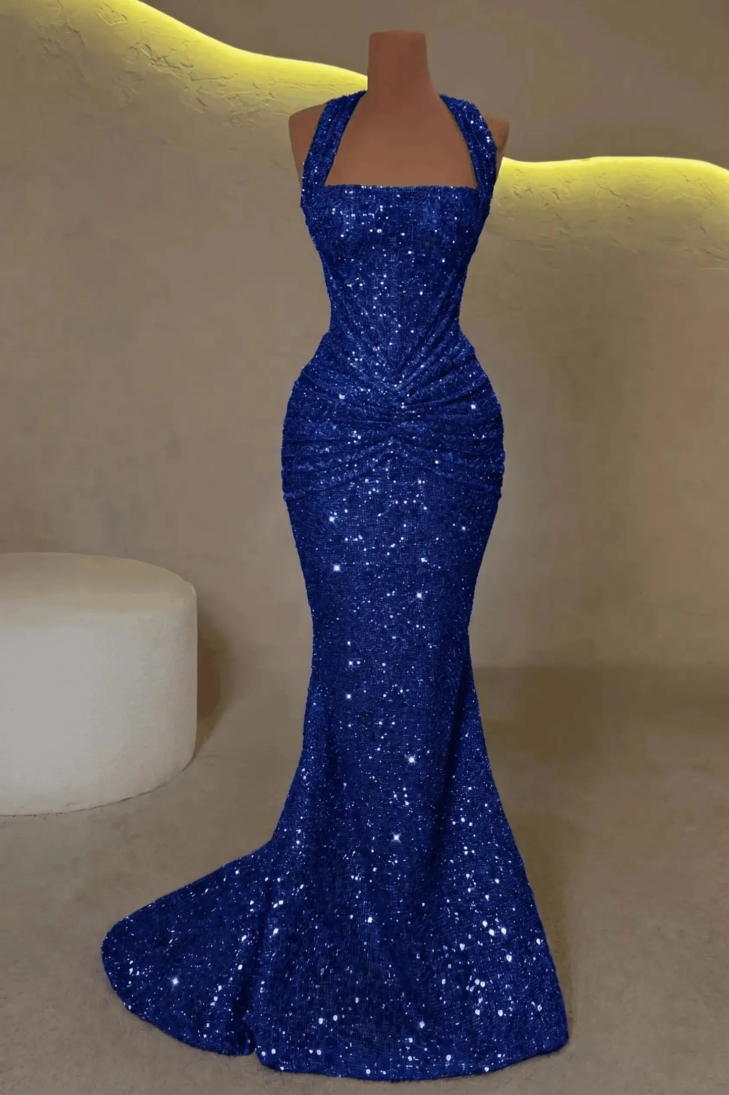 Luxury Mermaid Straps Pleated Sweep Train Corset  Sparkly Prom Dress KAIDRESS