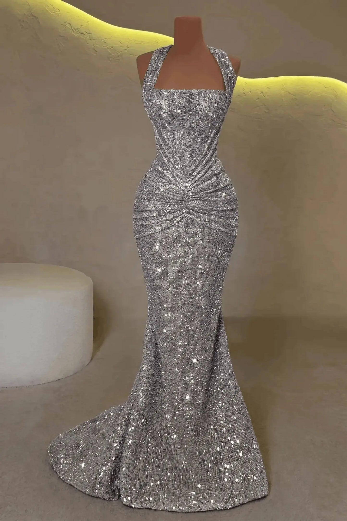 Luxury Mermaid Straps Pleated Sweep Train Corset  Sparkly Prom Dress KAIDRESS