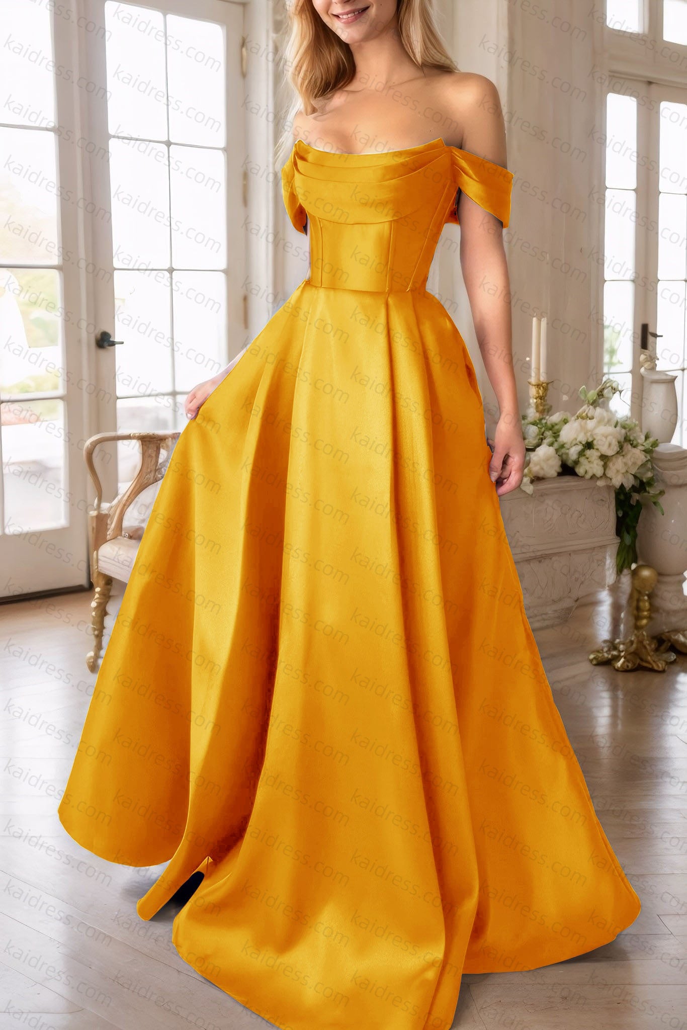 A-Line Satin Long Prom Dress, Simple Off the Shoulder Evening Party Dress With Pockets