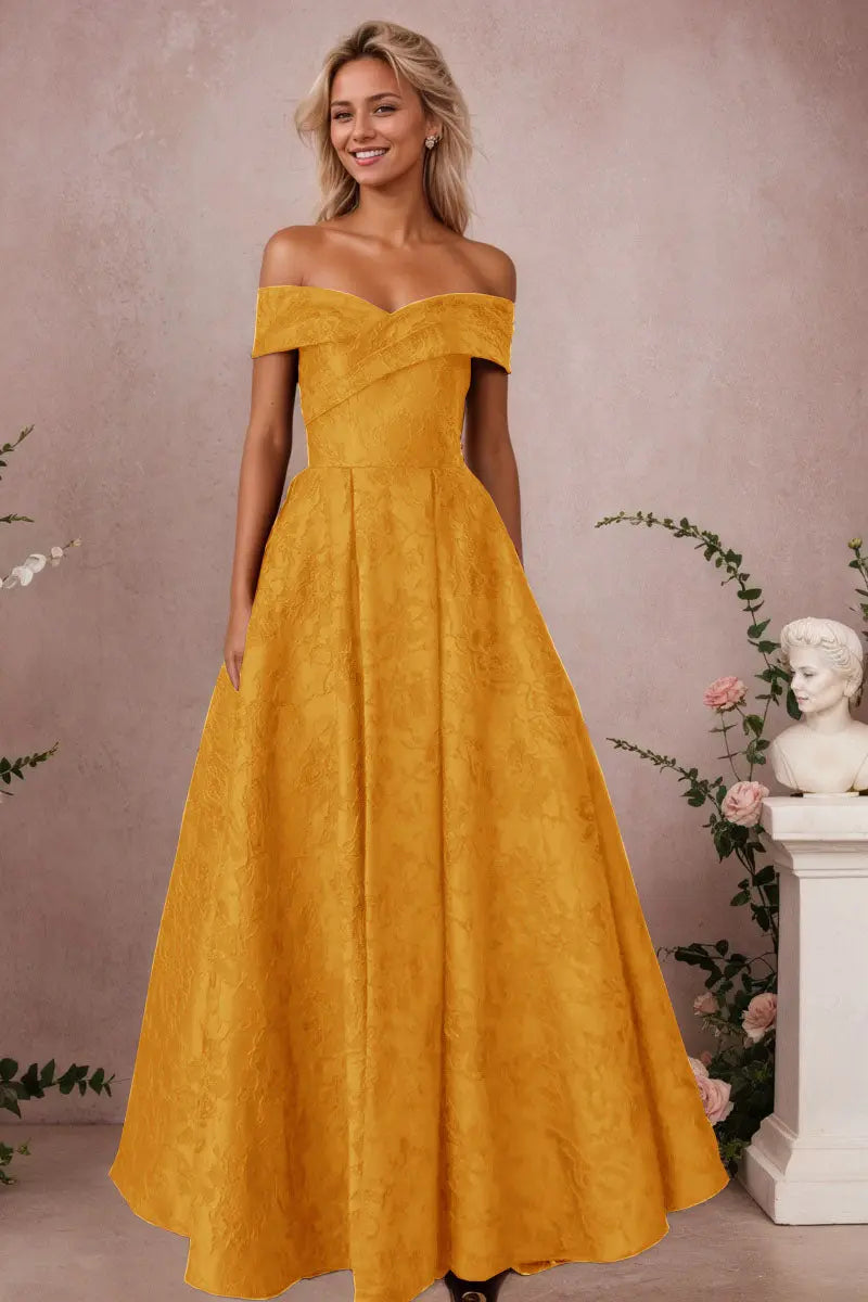 A-Line Off Shoulder Satin Burgundy Long Prom Dress Floral Jacquard Formal Ball Gowns - KAIDRESS