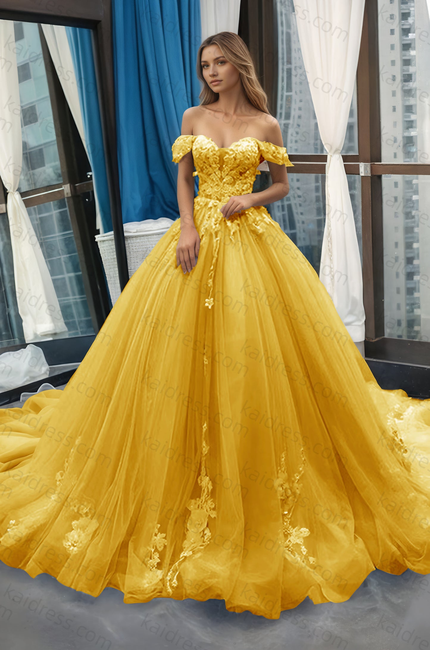 A-Line Off the Shoulder Tulle Applique Long Quinceañera Dresses Blue Formal Prom Dress
