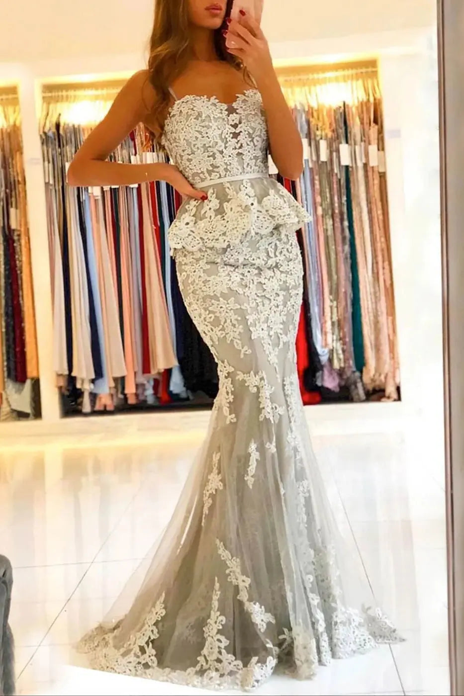 Mermaid Halter Lace Long Silver Prom Dress Tulle Corset Evening Gowns