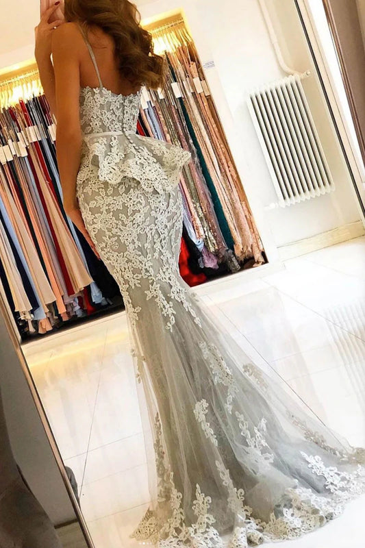 Mermaid Halter Lace Long Silver Prom Dress Tulle Corset Evening Gowns