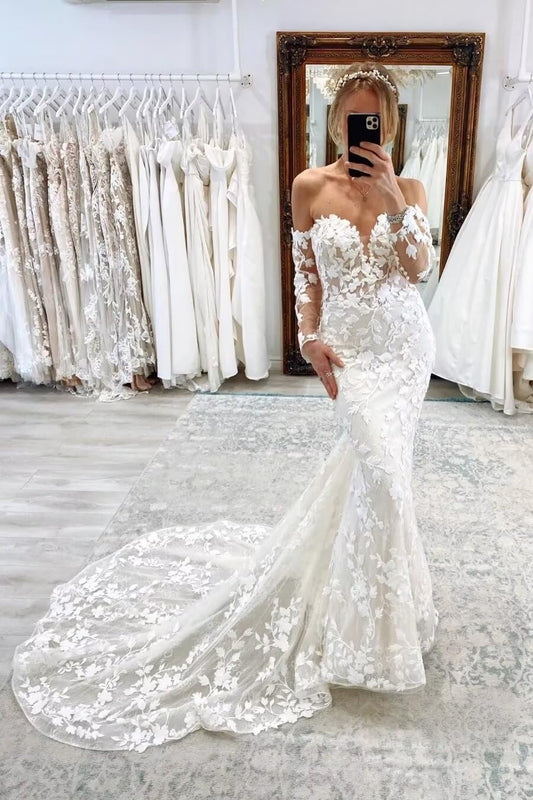 Mermaid Lace Strapless Boho Wedding Dresses Long Sleeve Bride Robe