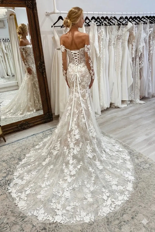 Mermaid Lace Strapless Boho Wedding Dresses Long Sleeve Bride Robe