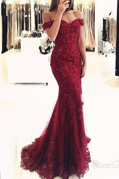 Mermaid Lace Strapless Long Red Prom Dresses Sexy Formal Evening Gowns
