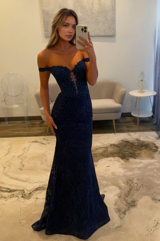 Mermaid Off the Shoulder Navy Lace Prom Dresses Long Evening Dresses