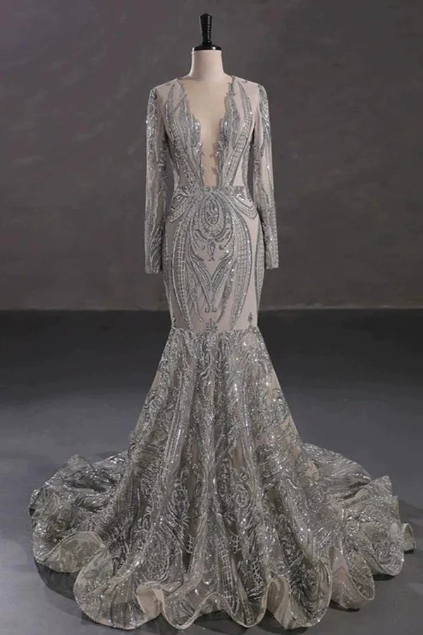 Mermaid Sequin Long Sleeve Long Prom Dress Sparkly Corset Evening Gowns