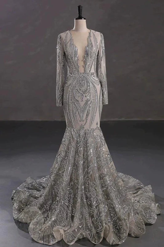 Mermaid Sequin Long Sleeve Long Prom Dress Sparkly Corset Evening Gowns