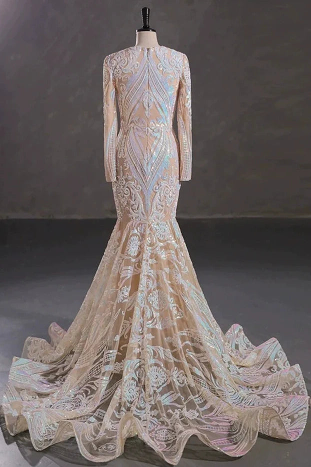 Mermaid Sequin Long Sleeve Long Prom Dress Sparkly Corset Evening Gowns