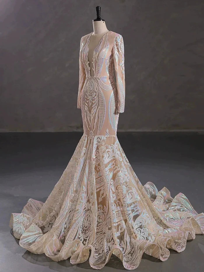 Mermaid Sequin Long Sleeve Long Prom Dress Sparkly Corset Evening Gowns