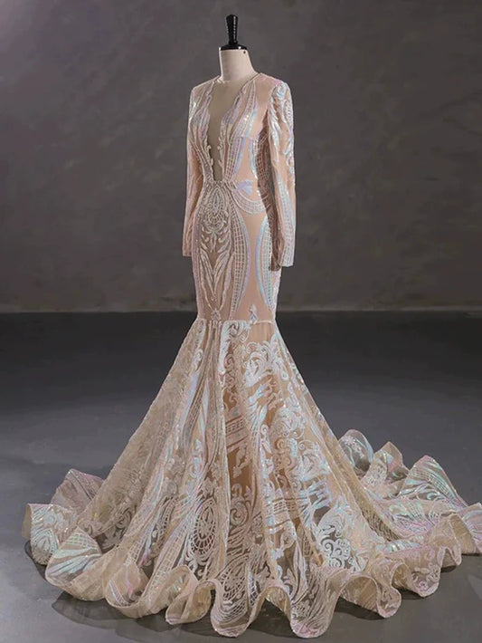 Mermaid Sequin Long Sleeve Long Prom Dress Sparkly Corset Evening Gowns