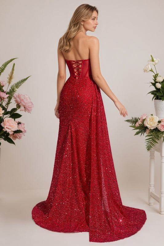 Mermaid Sequin Strapless Red Long Formal Prom Dresses Corset Split Ball Gowns