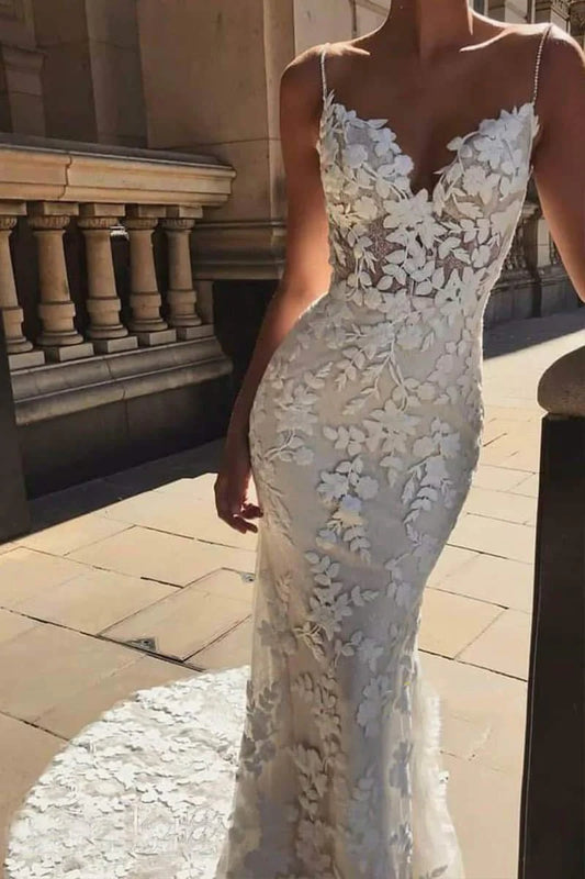 Mermaid Sheath Spaghetti Straps Halter V-neck Lace Boho Wedding Dresses
