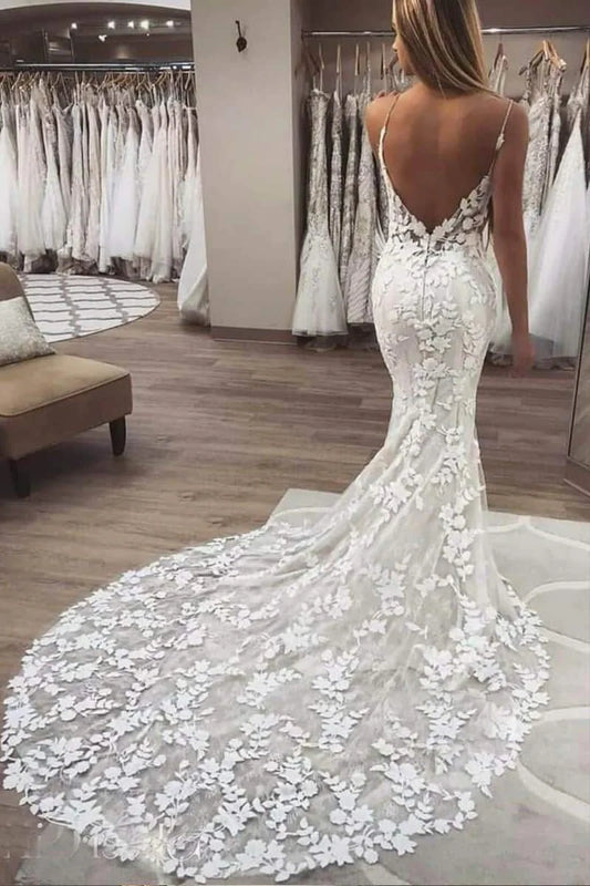 Mermaid Sheath Spaghetti Straps Halter V-neck Lace Boho Wedding Dresses