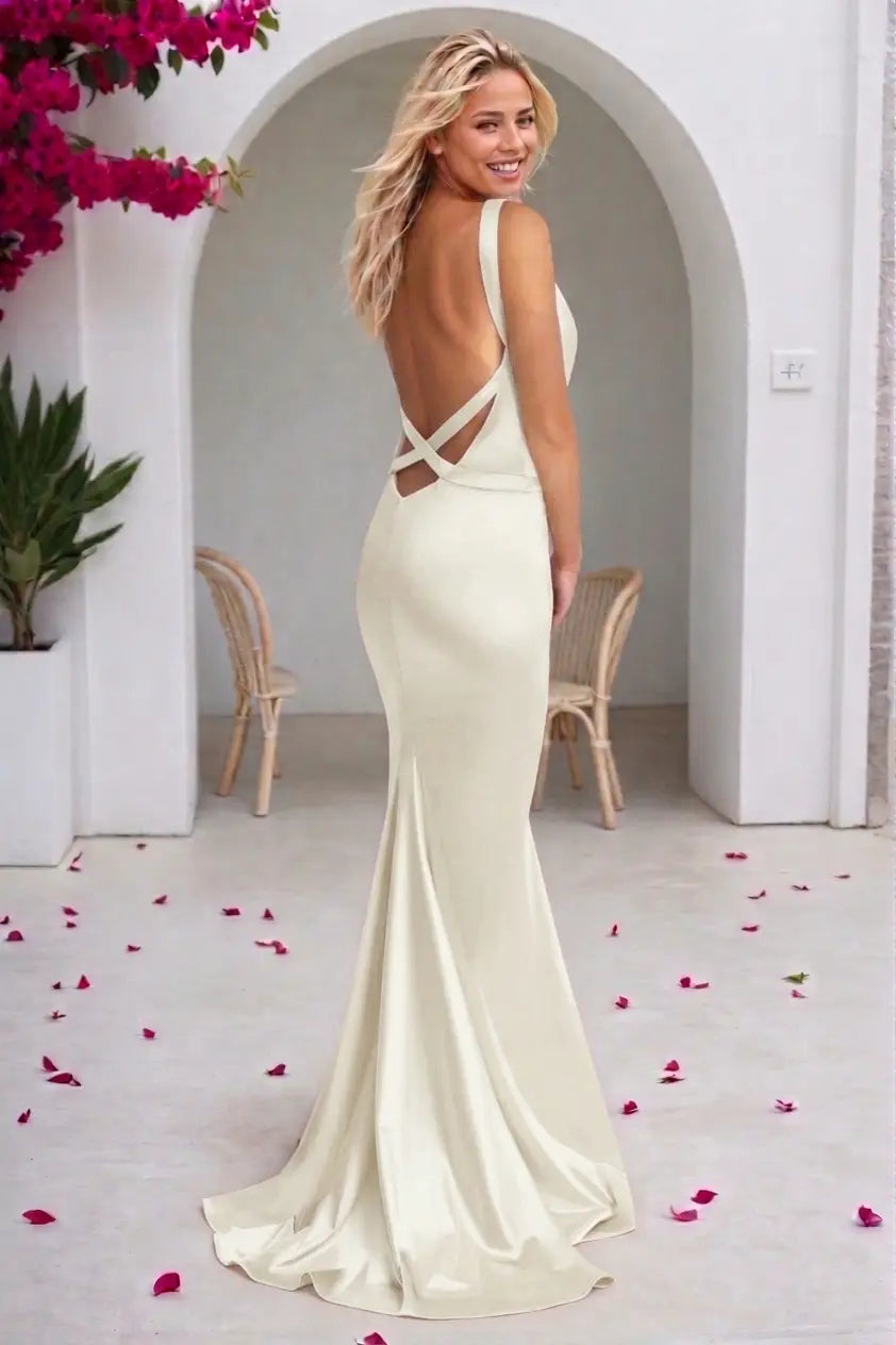 KAIDRESS mermaid sheath V-neck silk sleeveless prom dress with sweep train and backless design, elegant and flowing silhouette.