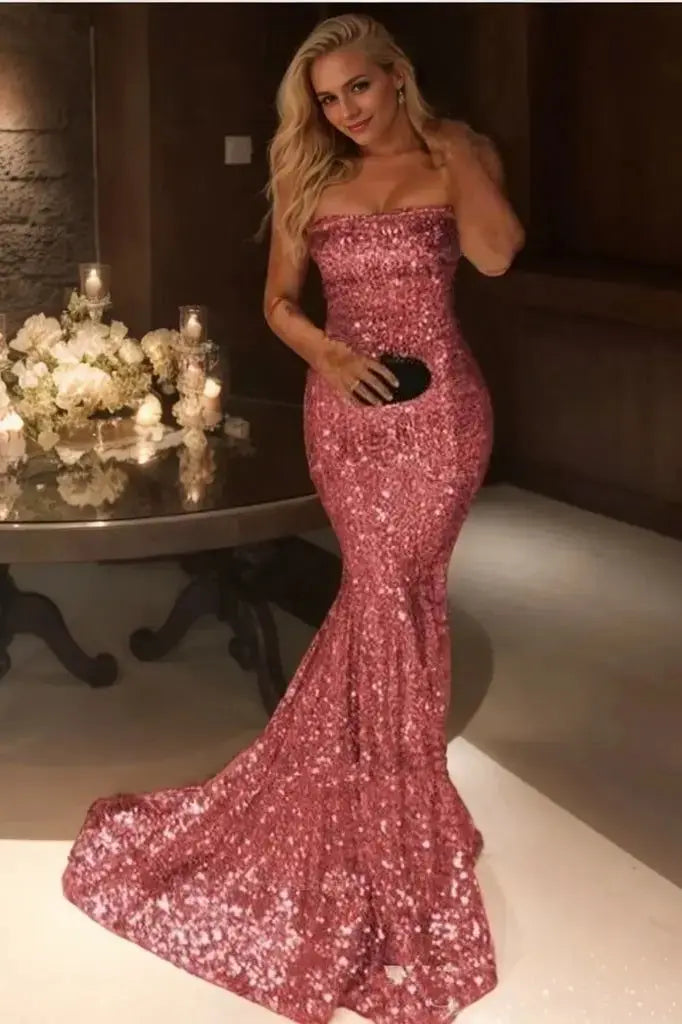 Trumpet/Mermaid Sleeveless Strapless Sweep/Brush Train Sequins Prom Dresses