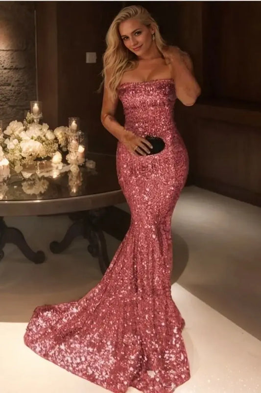 Trumpet/Mermaid Sleeveless Strapless Sweep/Brush Train Sequins Prom Dresses