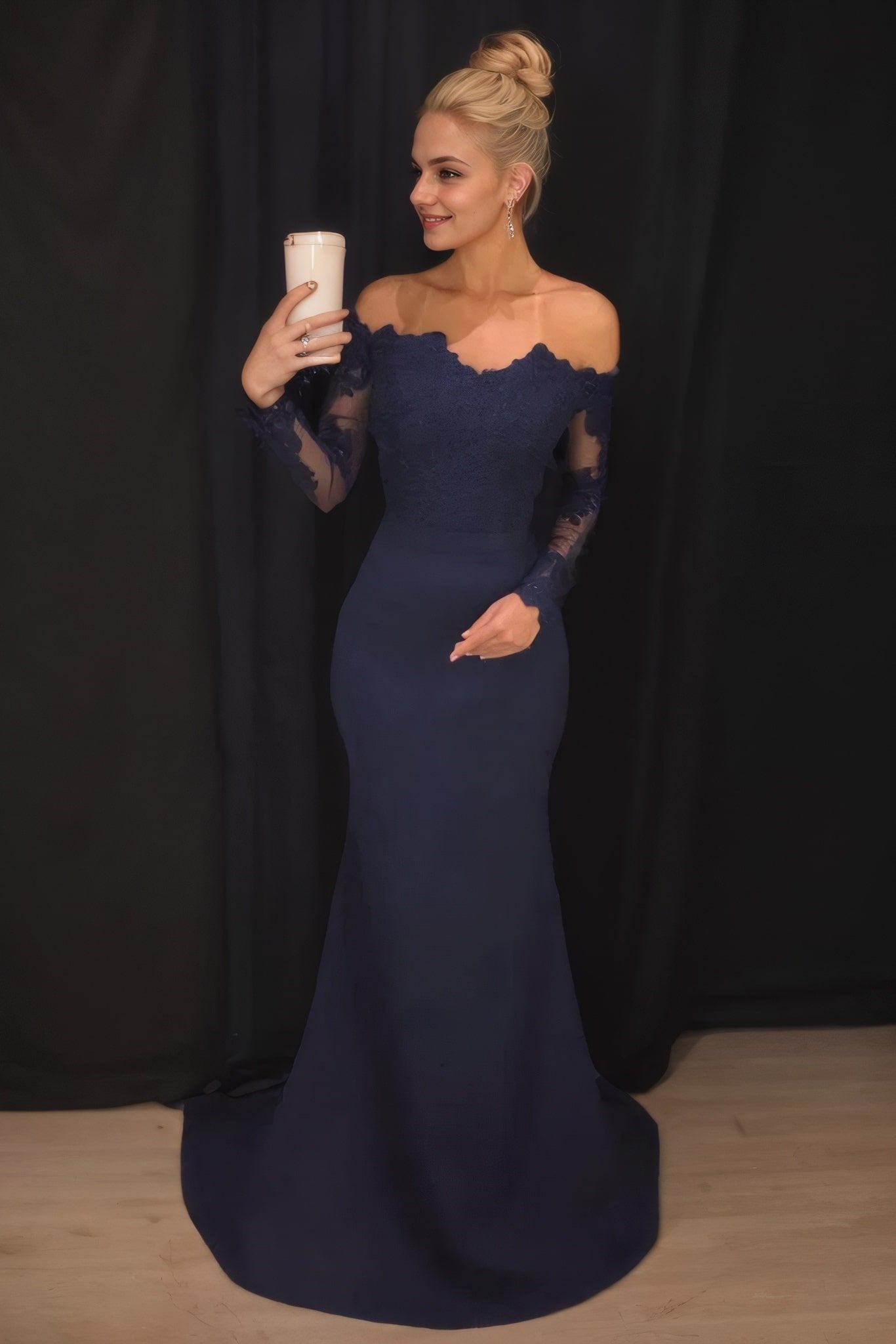 Mermaid Strapless Long Sleeve Long Navy Prom Dresses Formal Evening Gowns