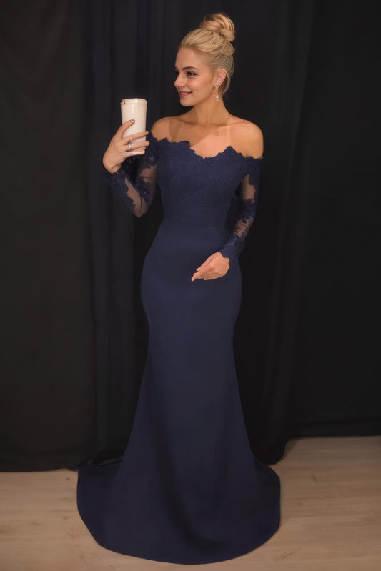 Mermaid Strapless Long Sleeve Long Navy Prom Dresses Formal Evening Gowns
