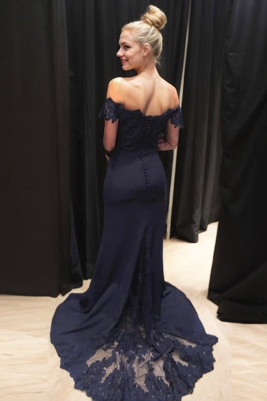 Elastic Satin Prom Dresses Trumpet/Mermaid Off-The-Shoulder Court Train With Lace