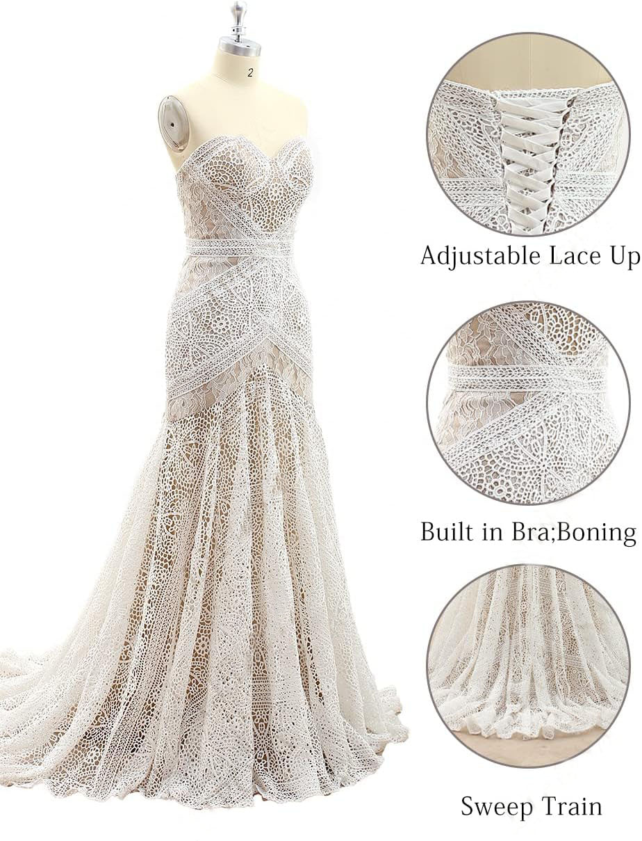 Mermaid Sweetheart Sleeveless Lace Sweep/Brush Train Boho Wedding Dresses