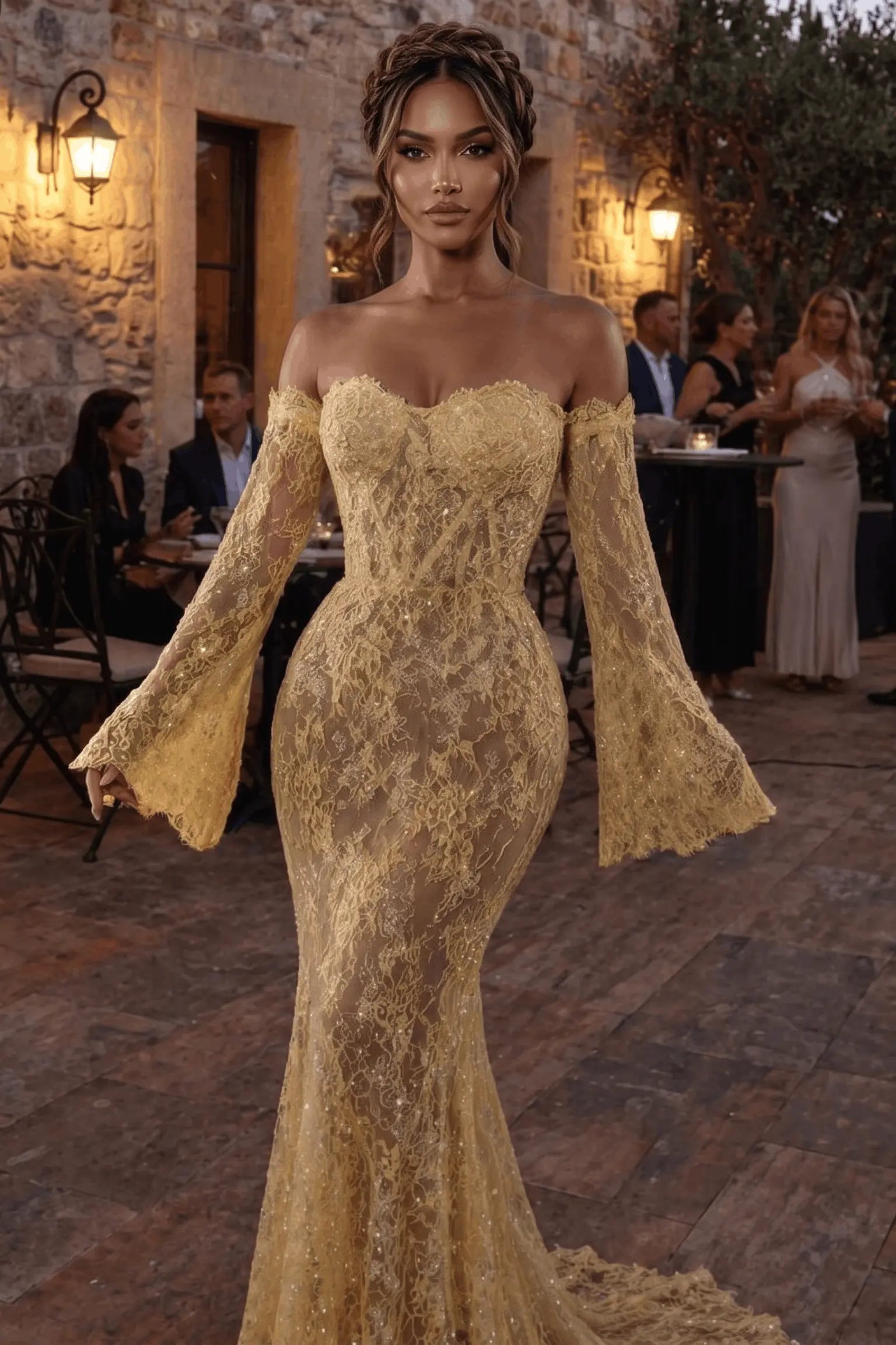 Mermaid Sheath Off-the-Shoulder Long Luxury Lace Long Sleeves Prom Dress KAIDRESS