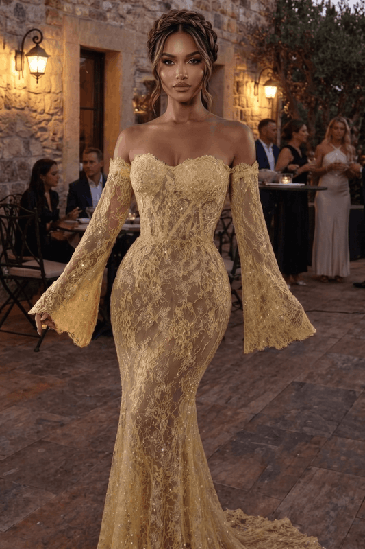 Mermaid Sheath Off-the-Shoulder Long Luxury Lace Long Sleeves Prom Dress KAIDRESS