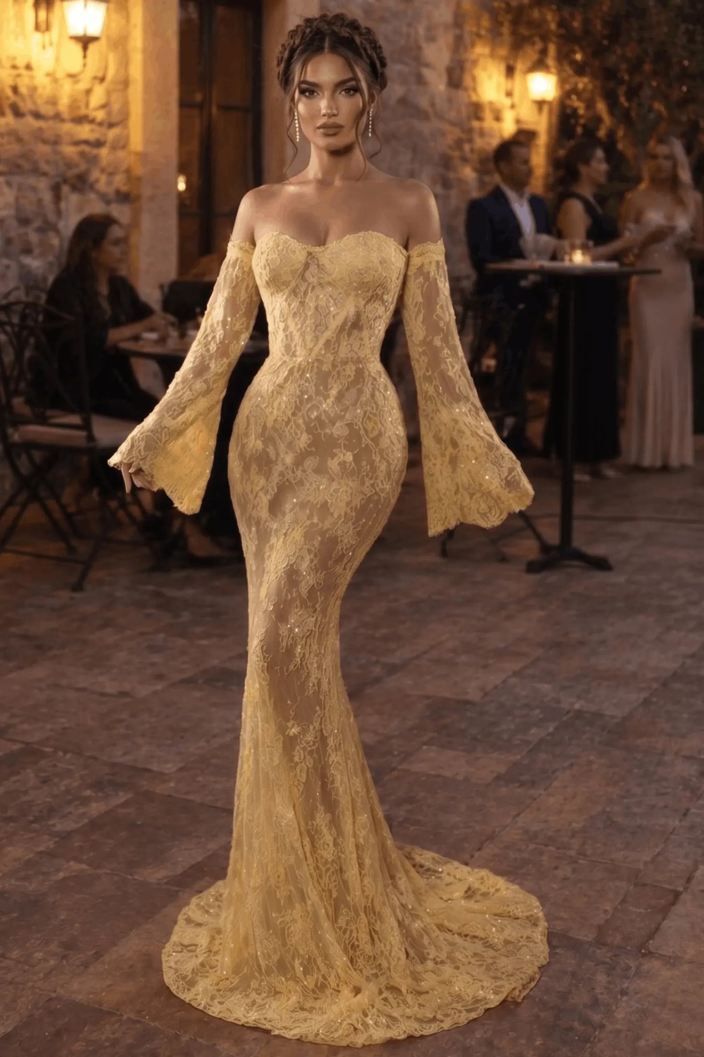 Mermaid Sheath Off-the-Shoulder Long Luxury Lace Long Sleeves Prom Dress KAIDRESS