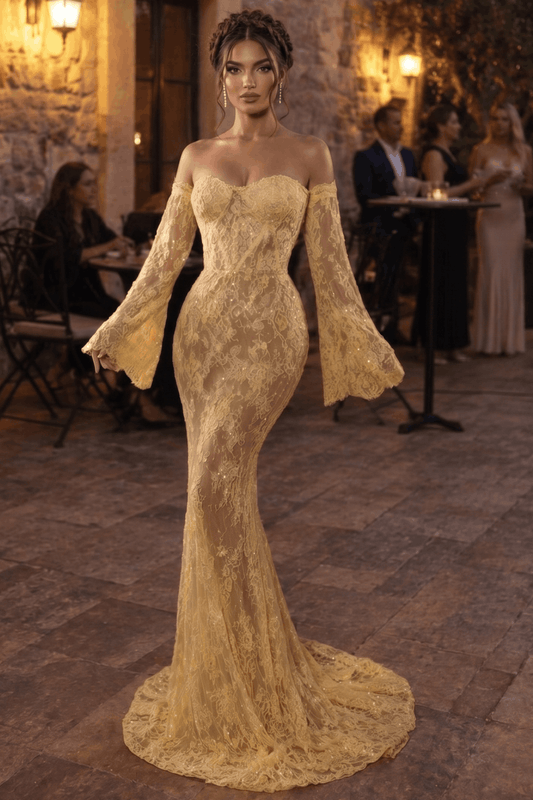 Mermaid Sheath Off-the-Shoulder Long Luxury Lace Long Sleeves Prom Dress KAIDRESS