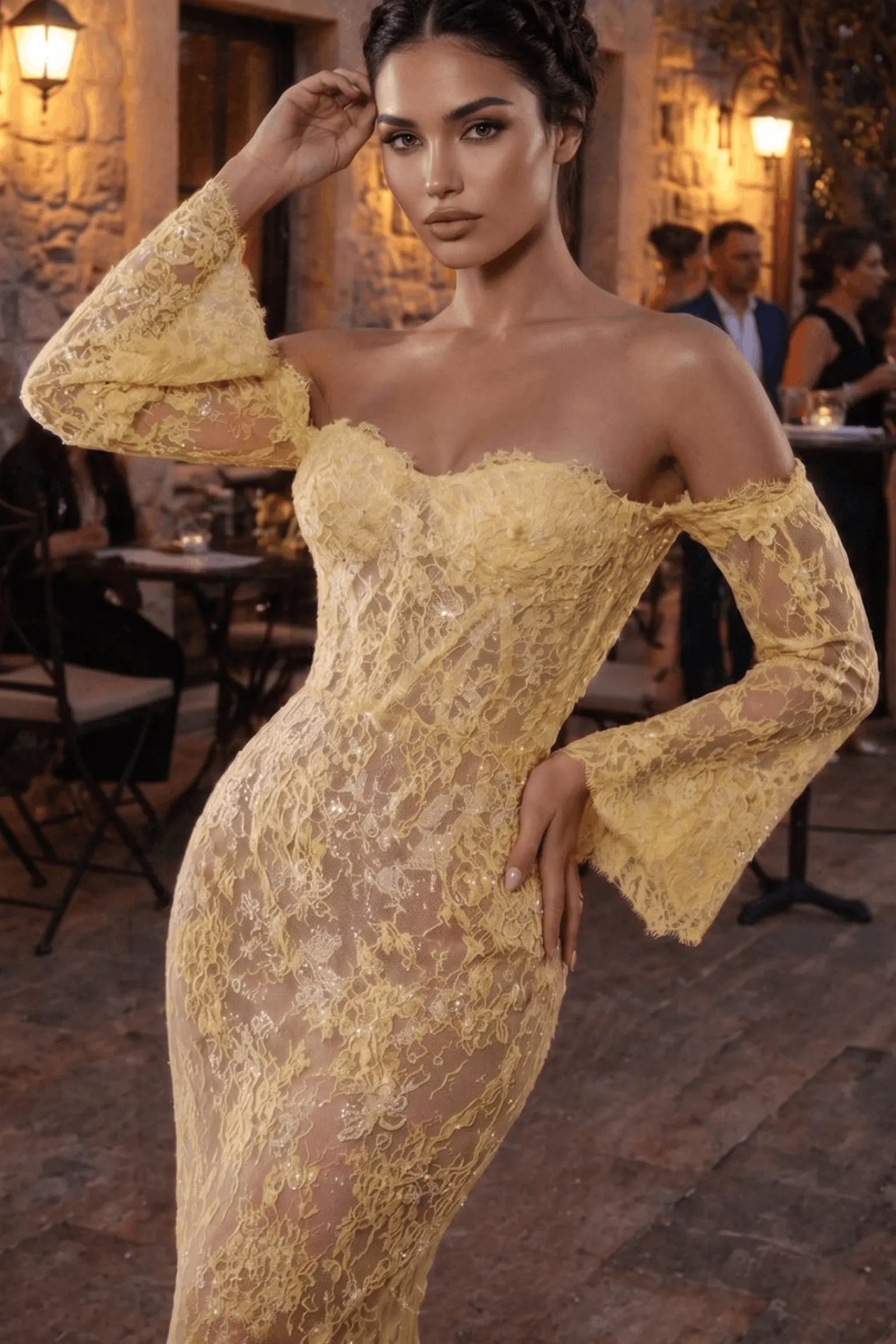 Mermaid Sheath Off-the-Shoulder Long Luxury Lace Long Sleeves Prom Dress KAIDRESS