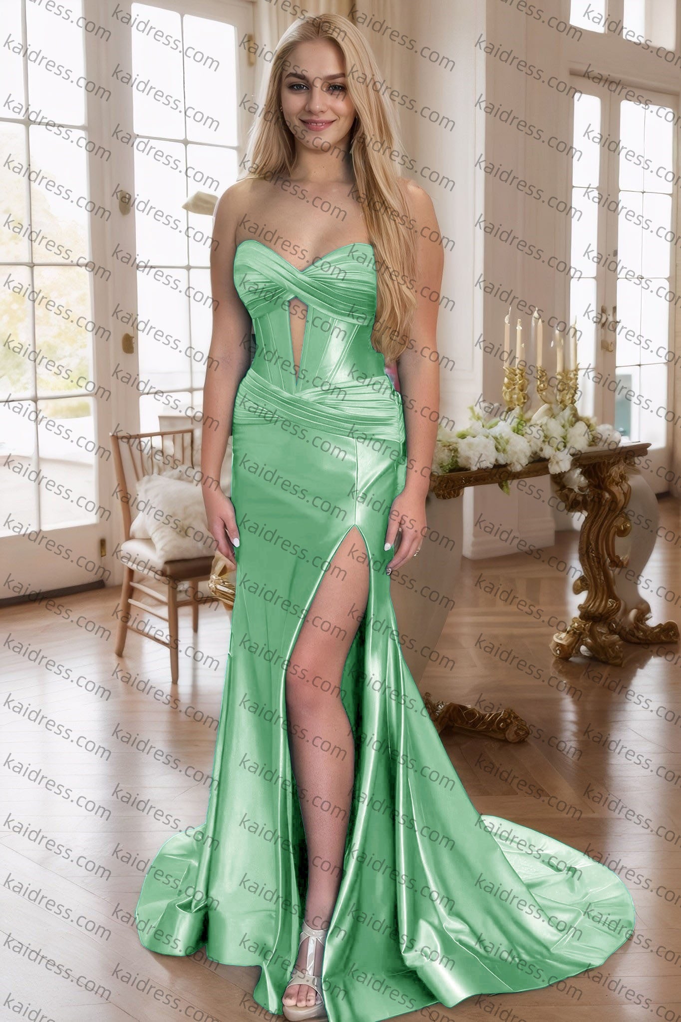 Green Silk Strapless Mermaid Prom Dresses Long Formal Evening Gown with Slit