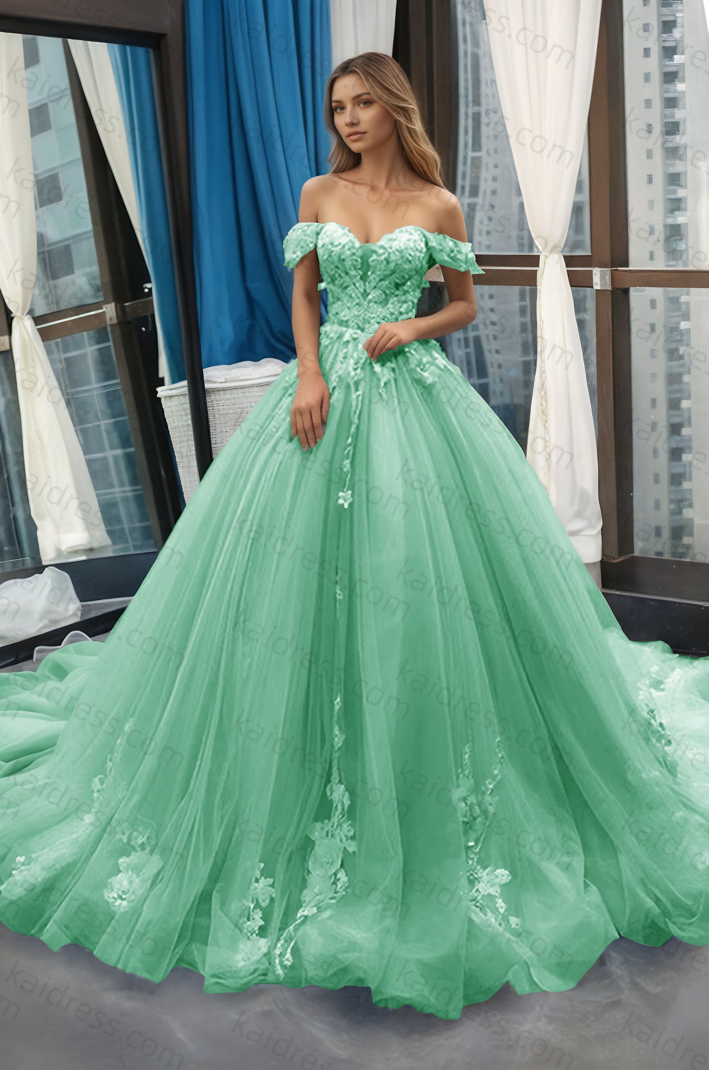 A-Line Off the Shoulder Tulle Applique Long Quinceañera Dresses Blue Formal Prom Dress