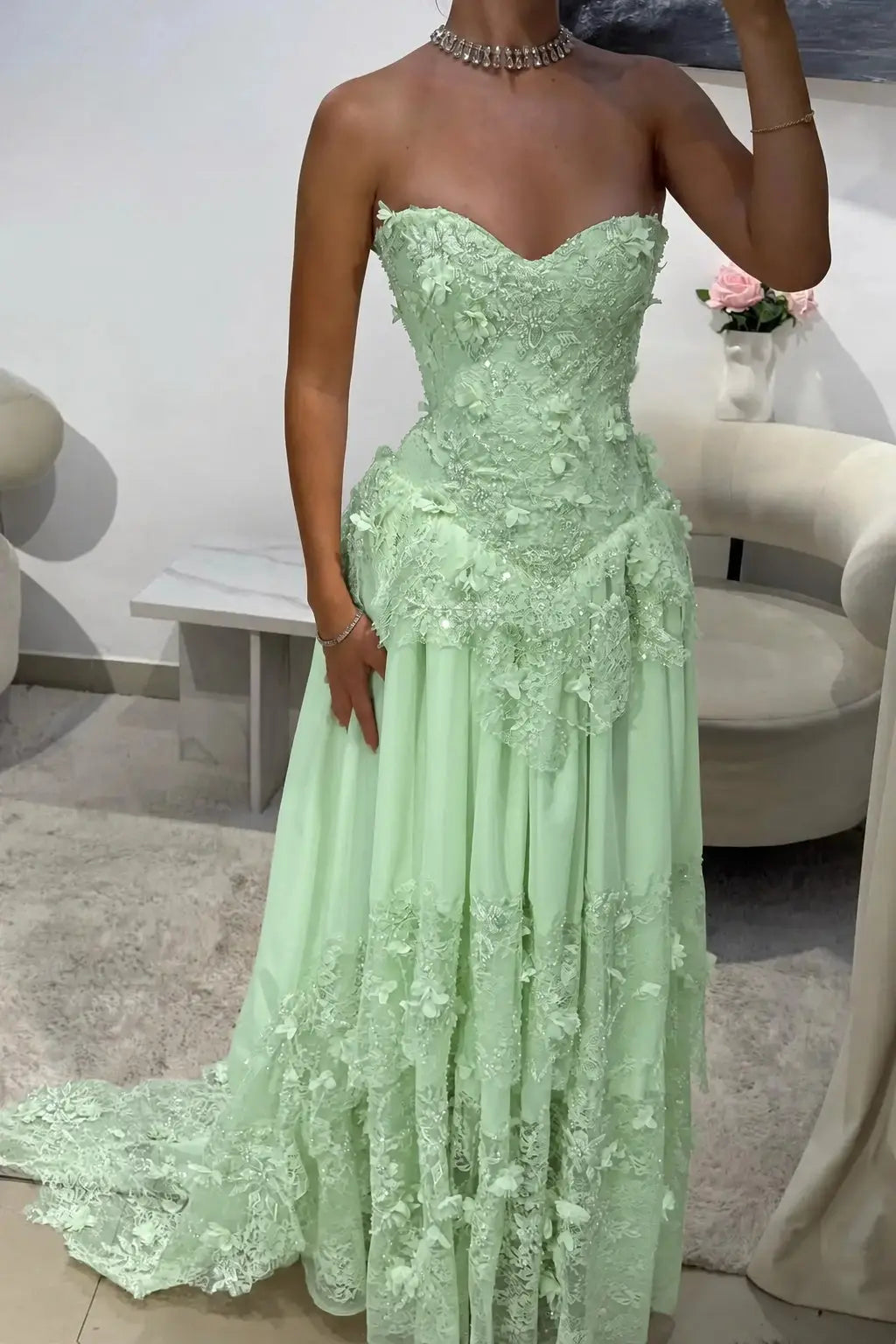 Dreamy Yellow 3D Floral Applique Sweetheart Corset Prom Dress