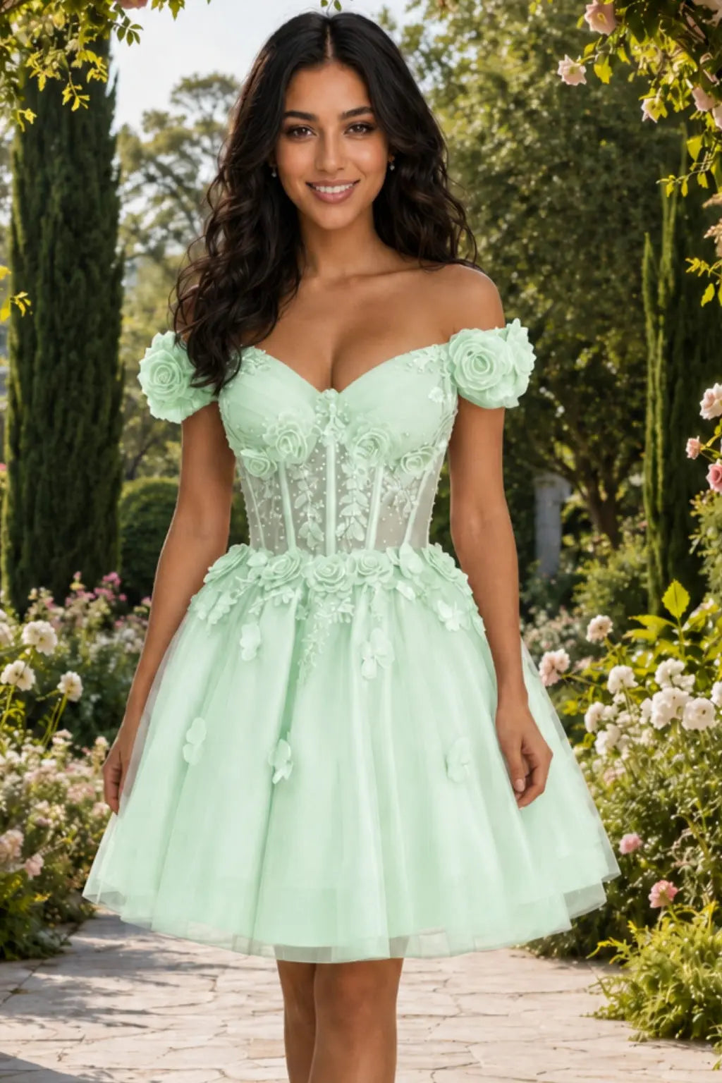 A-line Off-the-Shoulder Tulle Short/Mini Homecoming Dress with Appliqued Flowers Sequins KAIDRESS