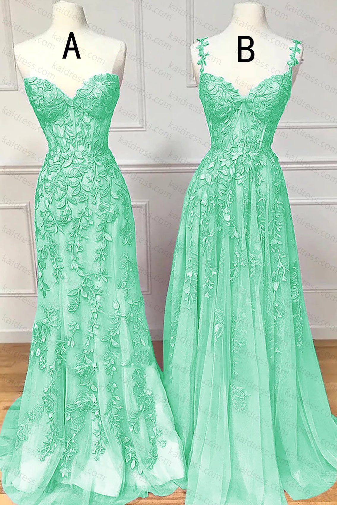 A-line Sweetheart Spaghetti Straps Sweep Train Lace Prom Dress With Beading